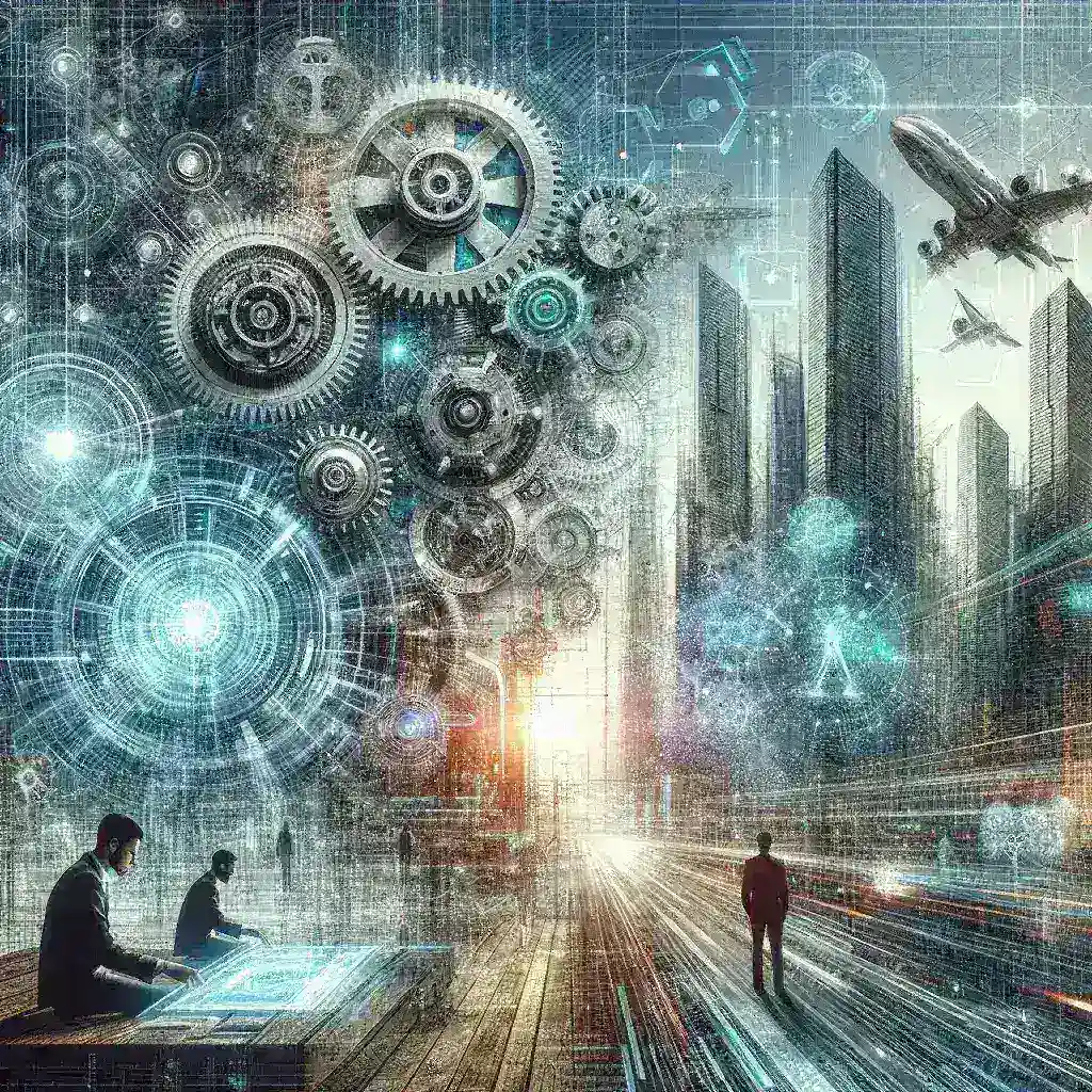 "Imagem ilustrativa de hiperautomação, mostrando processos de automação em ação com robôs e inteligência artificial, destacando seu impacto no mercado de trabalho e negócios."