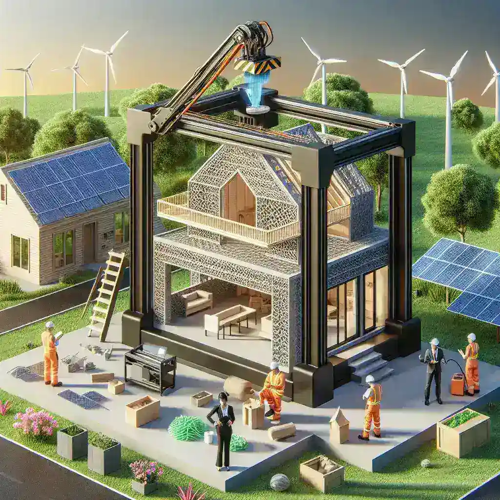 "Impressão 3D em construção de moradias sustentáveis, mostrando uma casa moderna sendo impressa camada por camada em um ambiente ao ar livre."