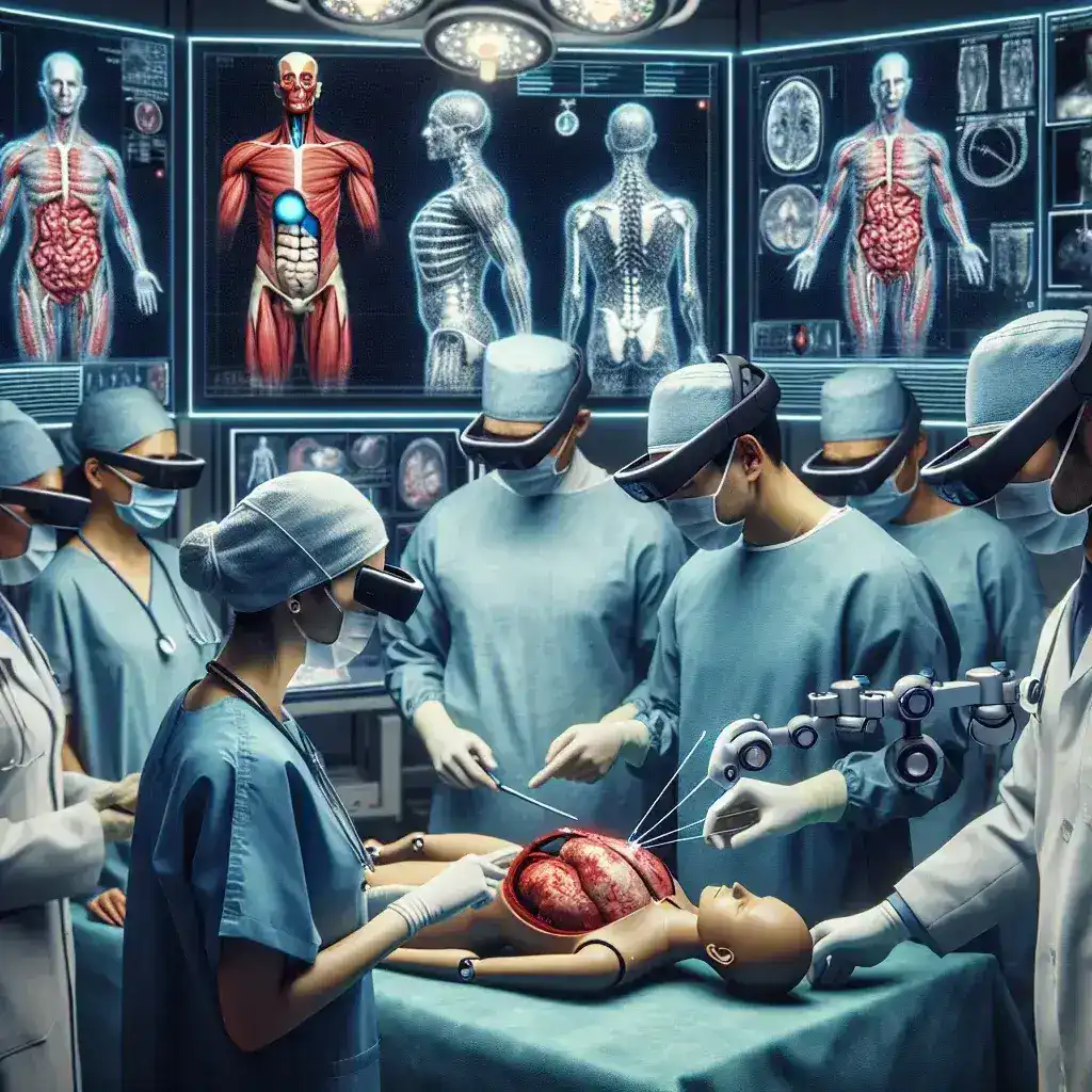 "Cirurgião utilizando tecnologia de realidade aumentada durante uma cirurgia remota, com visualizações de dados em tempo real e informações vitais projetadas em seu campo de visão."