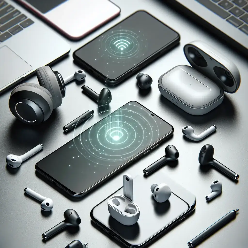 "Imagem mostrando os novos Google Pixel Buds conectados a múltiplos dispositivos, ilustrando a funcionalidade de conexão simultânea em um ambiente moderno."