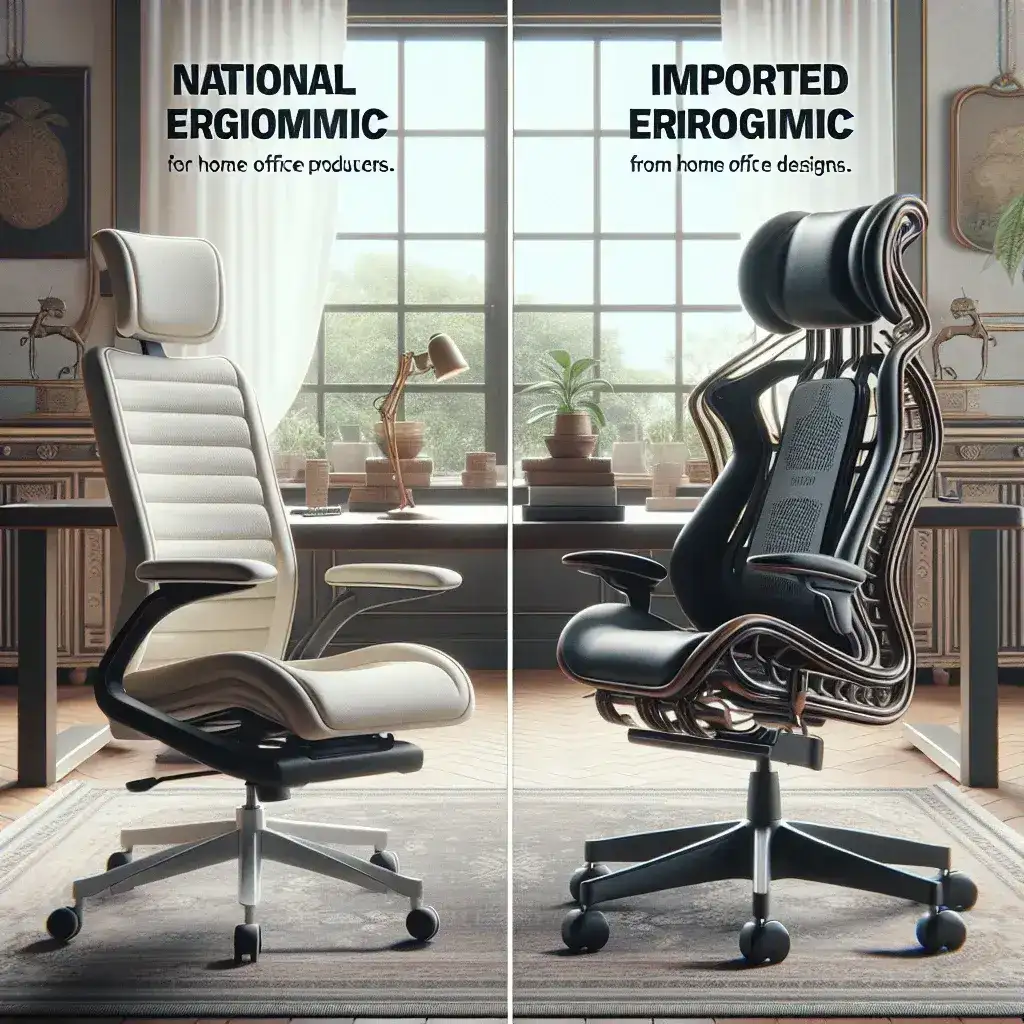"Comparação detalhada entre cadeiras ergonômicas nacionais e importadas, destacando design, conforto e suporte para home office, ilustrando as opções disponíveis para melhorar a ergonomia no trabalho remoto."