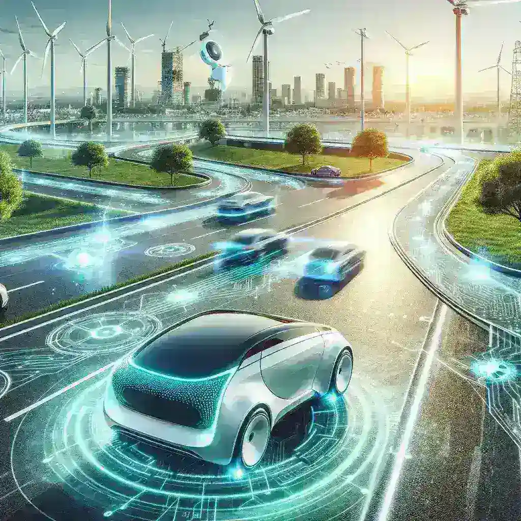"Veículos elétricos modernizados estacionados em uma estação de carregamento inteligente com tecnologia de IA integrada, destacando a evolução da infraestrutura de transporte sustentável."