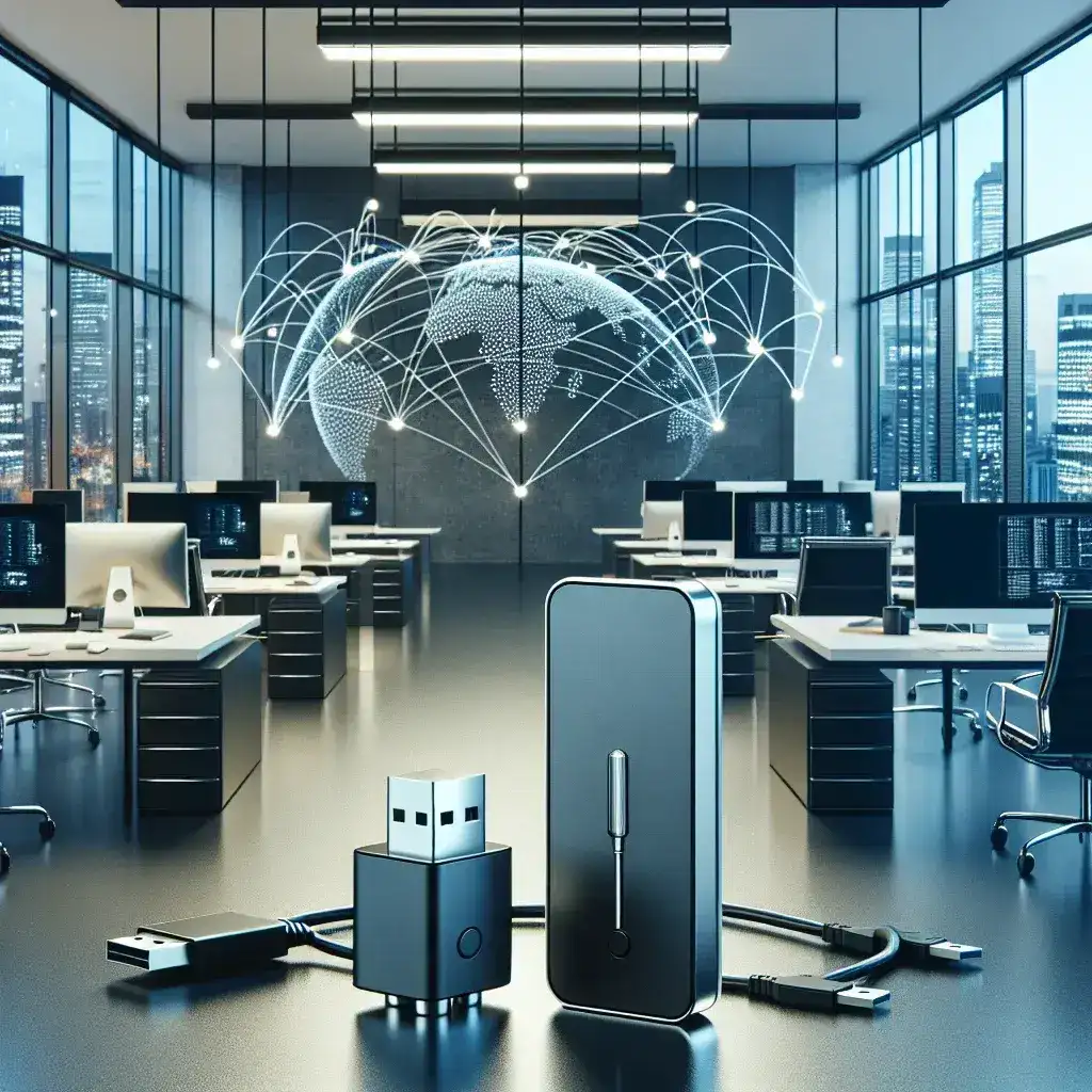 "Imagem ilustrativa de soluções de extensão USB via rede em ambientes corporativos brasileiros, mostrando dispositivos conectados e integração tecnológica para otimizar a comunicação e a produtividade no trabalho."