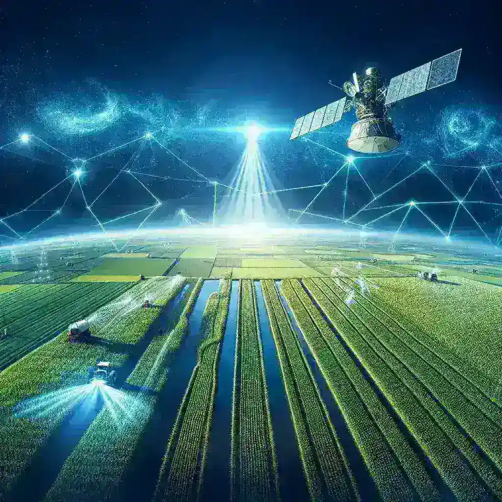 "Satélites monitorando a produtividade agrícola em tempo real, com campos verdes e tecnologia de imagem à vista, ilustrando a importância da agricultura de precisão."